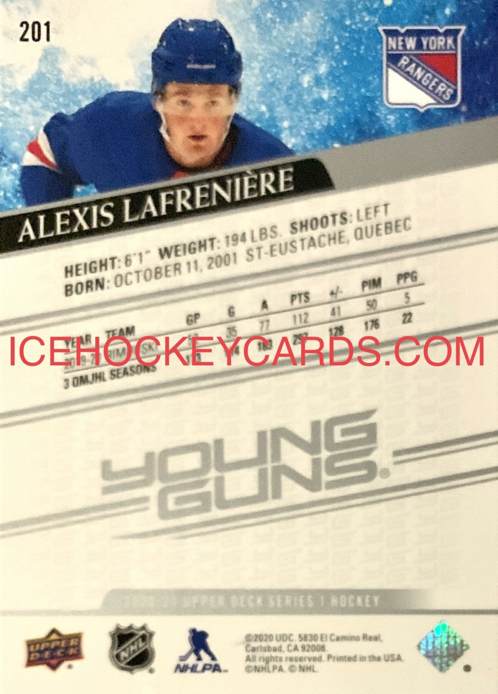 Upper Deck - Series 2020-21 - Alexis Lafreniere Young Guns Rookie Card - 2020 Draft pick #1 back