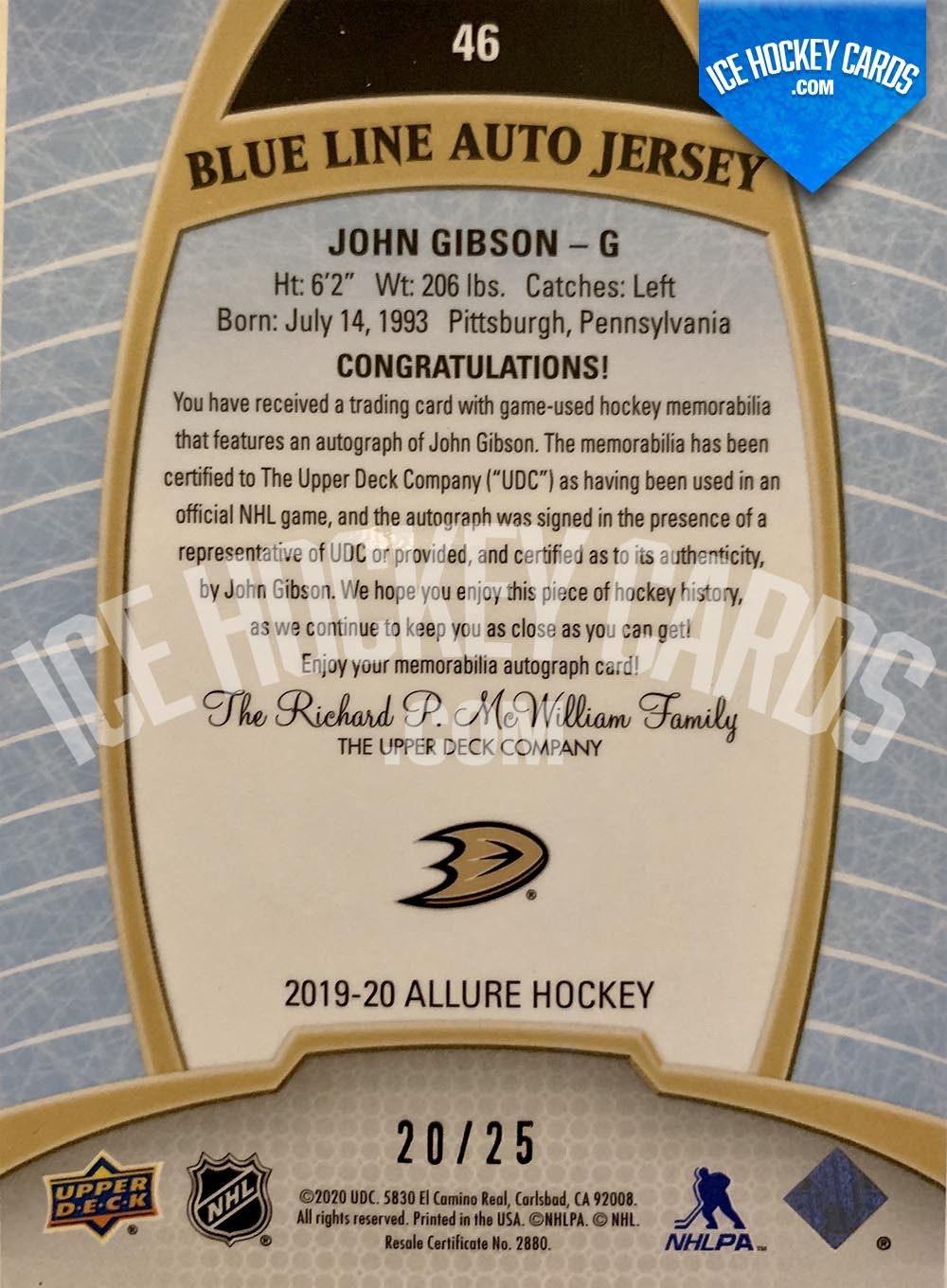 Upper Deck - Allure 2019-20 - John Gibson Blue Line Auto Jersey Card RARE # to 25 back