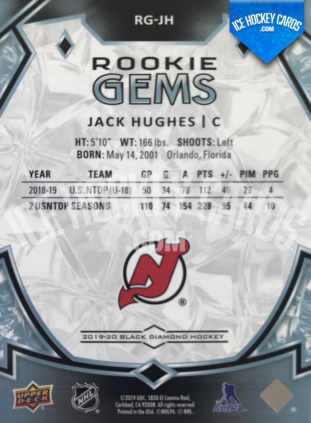 Upper Deck - Black Diamond 19-20 - Jack Hughes Rookie Gems back