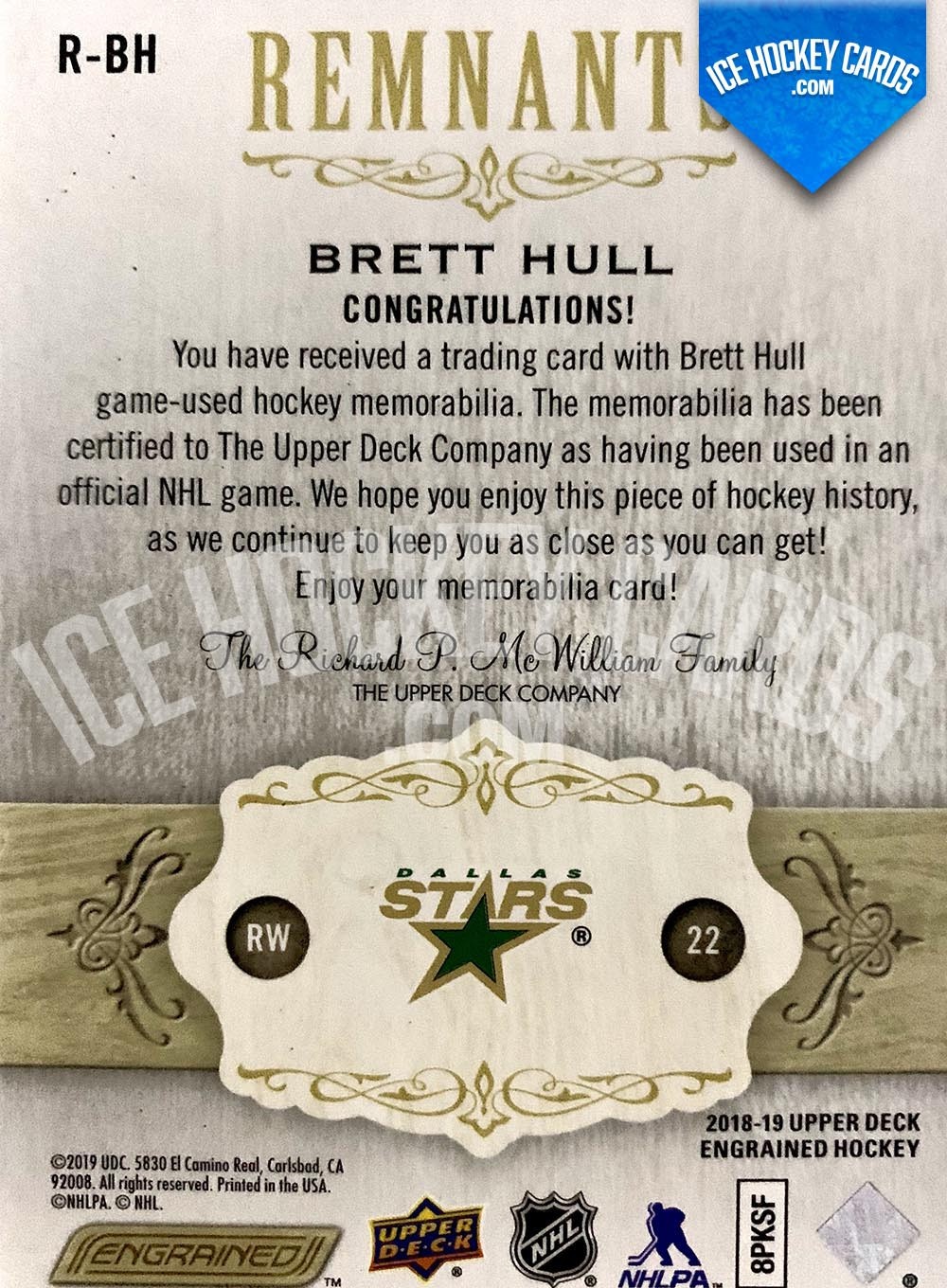 Upper Deck - Engrained 2018-19 - Brett Hull Remnants Sticks Premier Game-Used A Letter # to 100 back