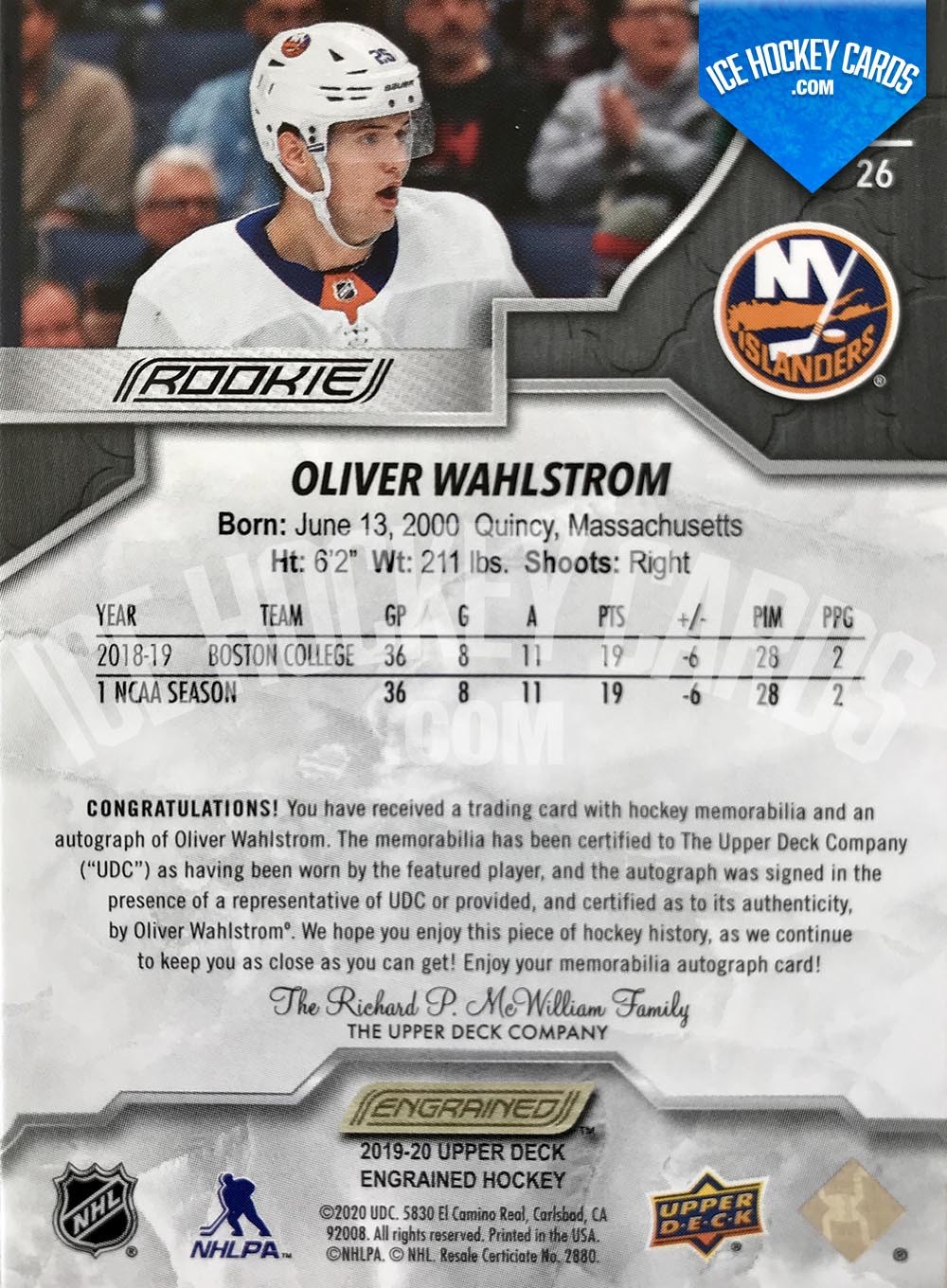Upper Deck - Engrained 2019-20 - Oliver Wahlstrom Rookie Auto Patch Card # to 65 back