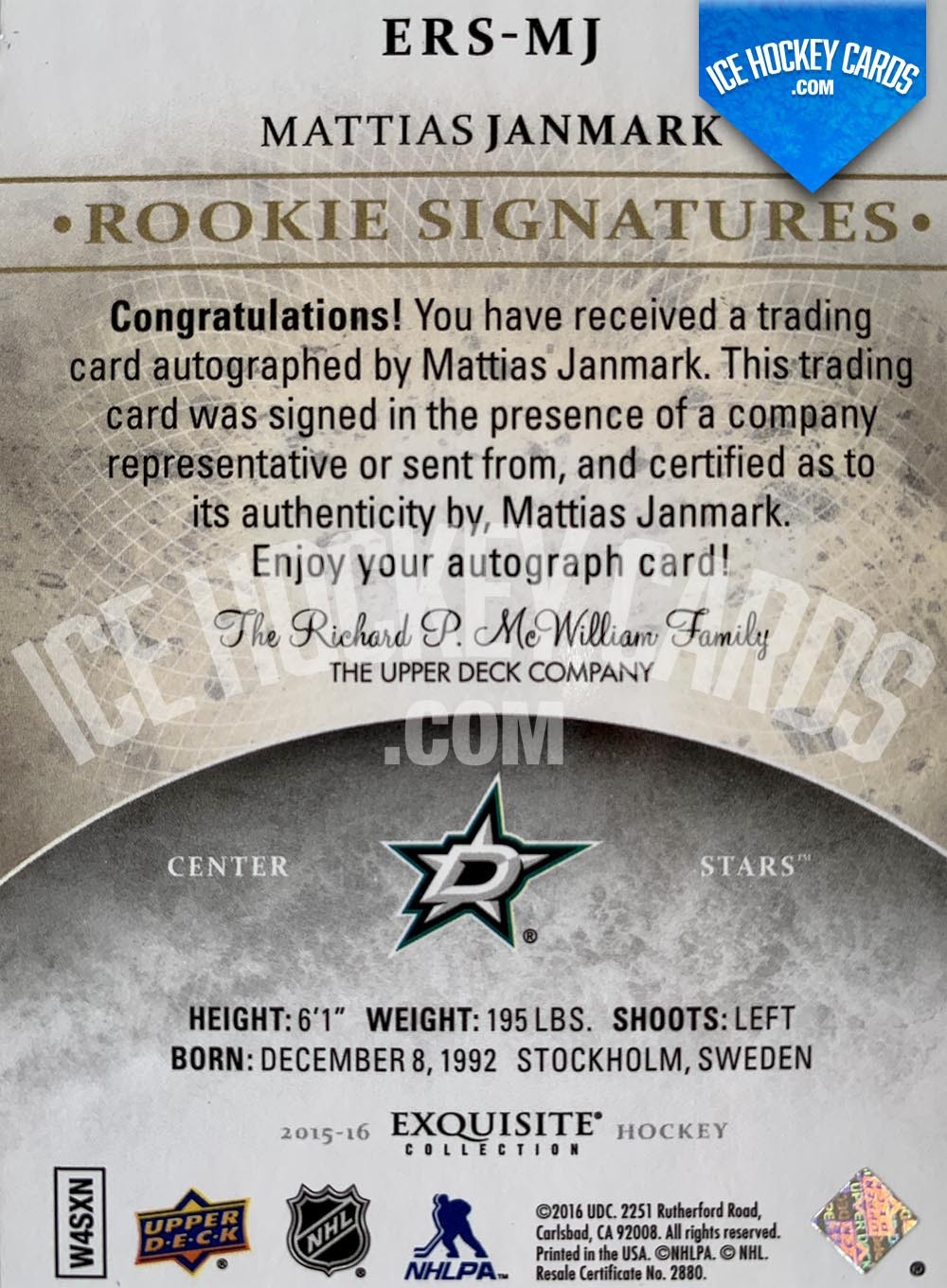 Upper Deck - Exquisite Collection 2015-16 - Mattias Janmark Rookie Signatures Auto Card back