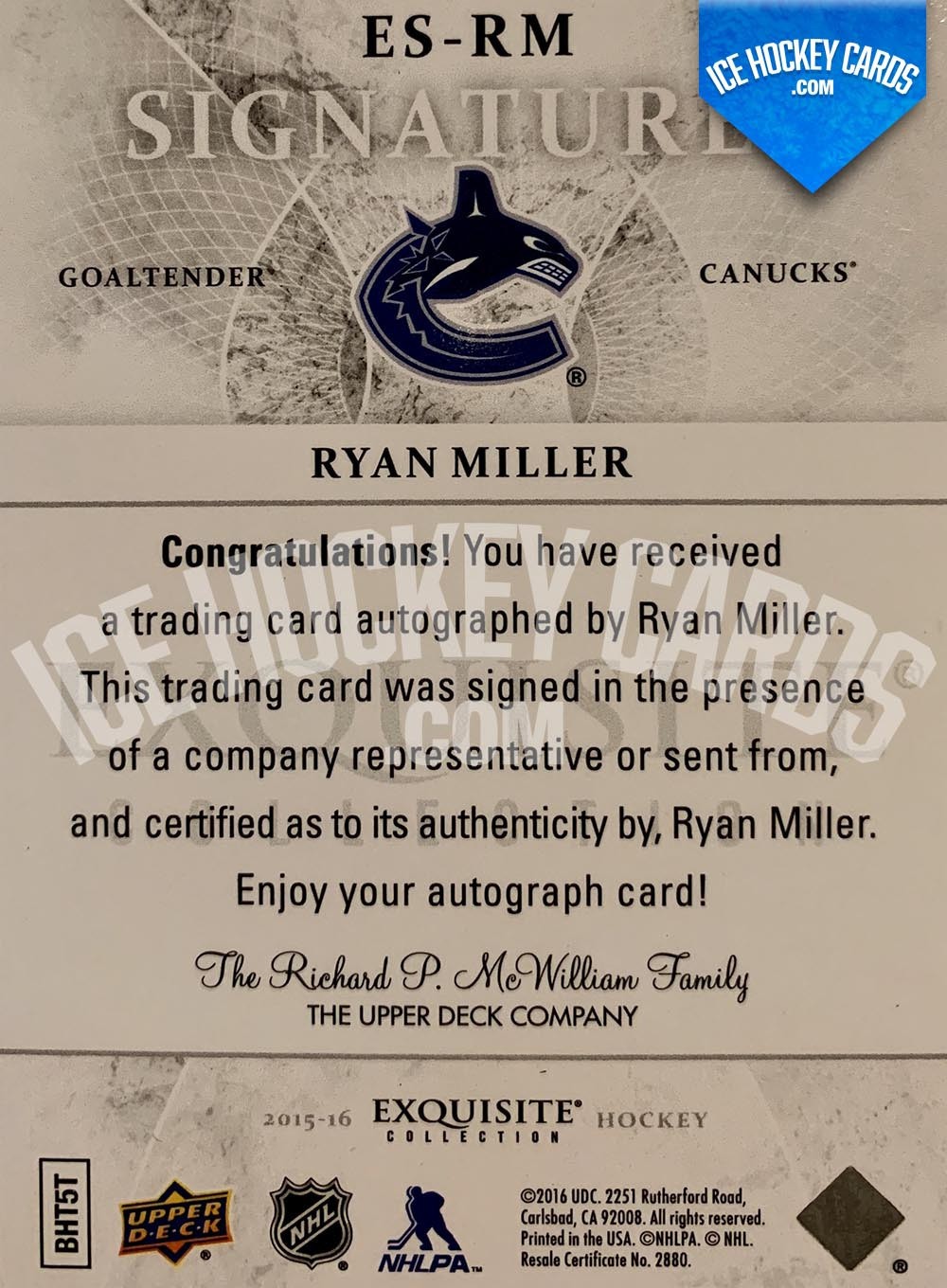Upper Deck - Exquisite Collection 2015-16 - Ryan Miller Exquisite Collection Signatures Autograph # to 99 back