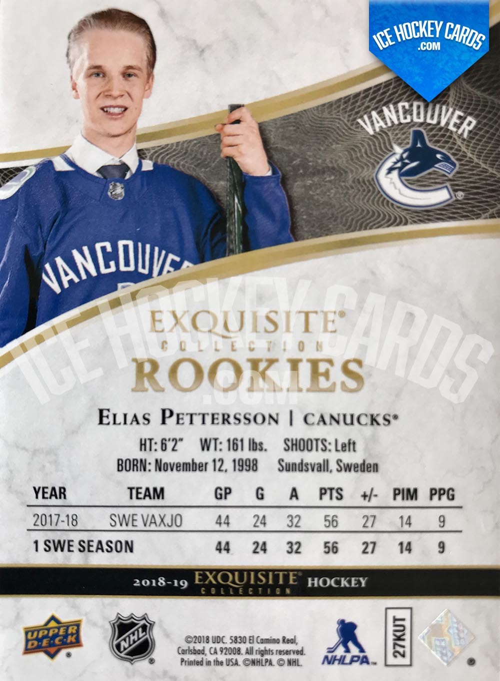 Upper Deck - Exquisite Collection 2018-19 - Elias Pettersson Exquisite Rookies Card # to 41 RARE back