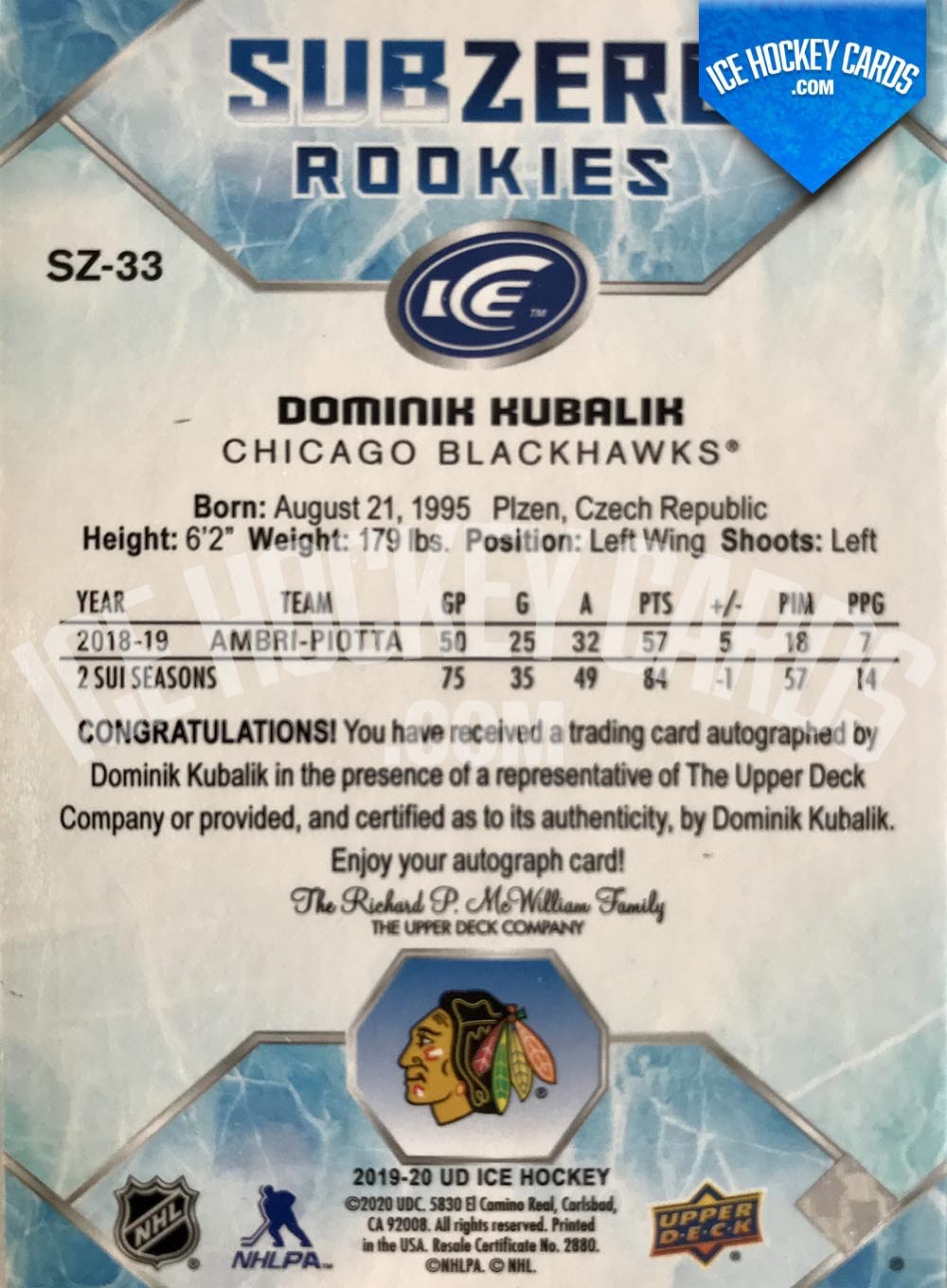 Upper Deck - ICE 2019-20 - Dominik Kubalik Subzero Rookies Autograph Card back