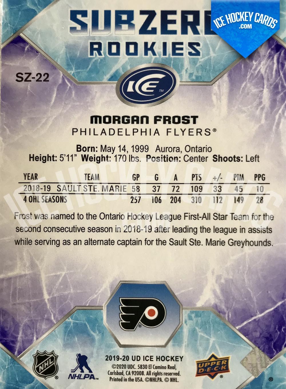Upper Deck - ICE 2019-20 - Morgan Frost Subzero Rookies Card back