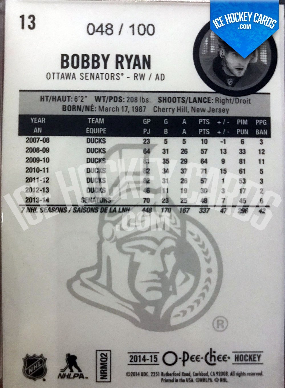 Upper Deck - O-Pee-Chee 14-15 - Bobby Ryan Black Rainbow Card back
