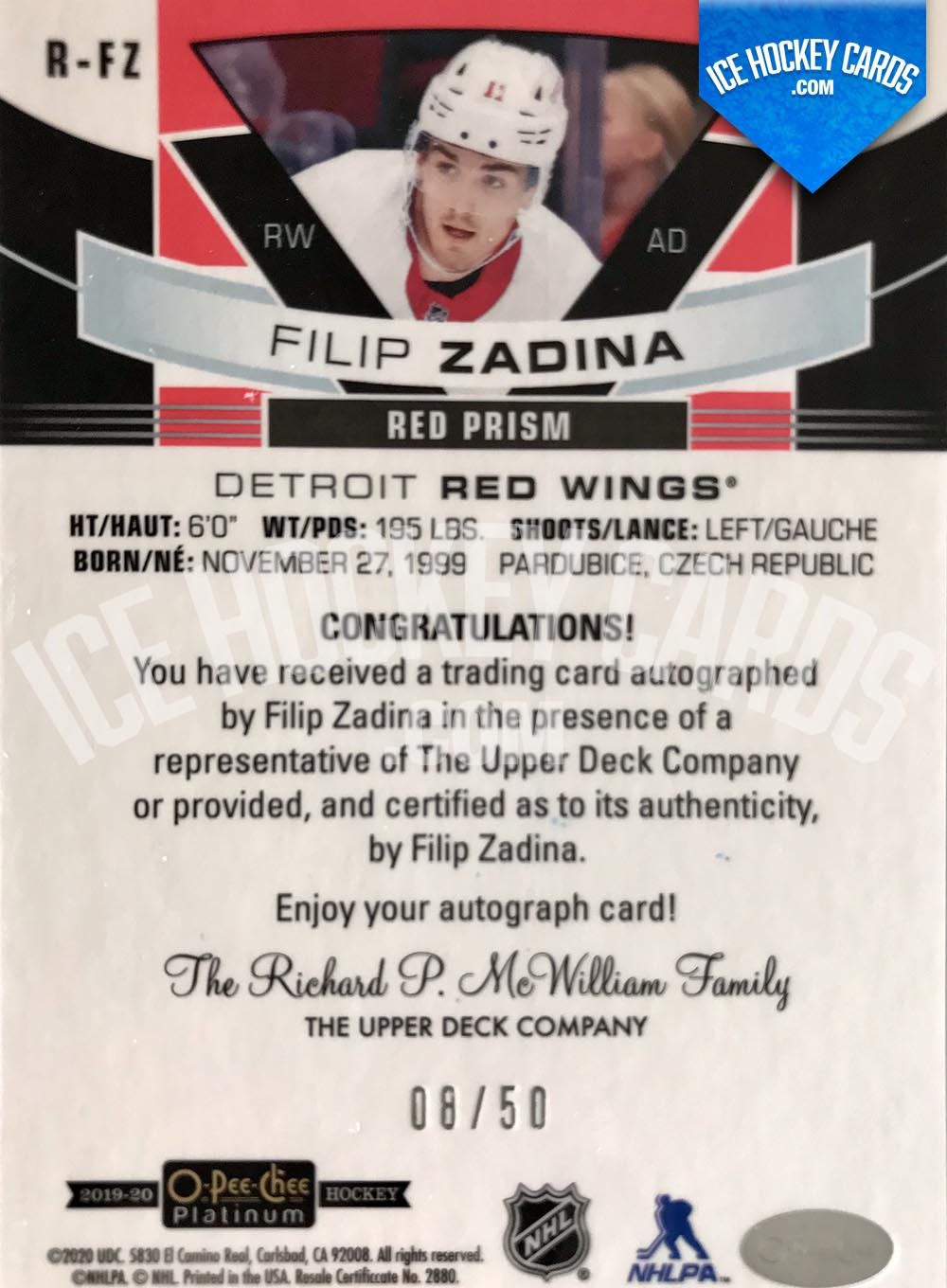 Upper Deck - OPC Platinum 2019-20 - Filip Zadina Rookie Autos Red Prism Autograph Card # to 50 RARE back
