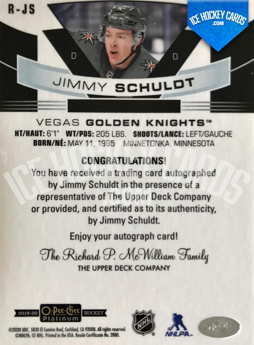 Upper Deck - OPC Platinum 2019-20 - Jimmy Schuldt Rookie Autos Autograph Card back