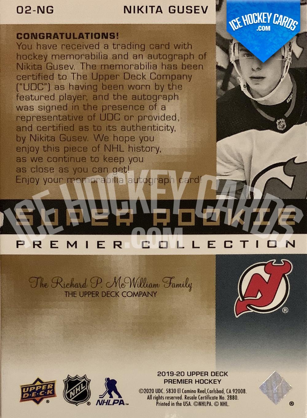 Upper Deck - Premier 2019-20 - Nikita Gusev Super Rookie Premier Collection Rookie Auto Patch Card # to 99 back
