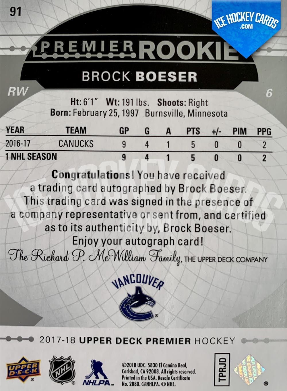 Upper Deck - Premier Hockey 2017-18 - Brock Boeser Premier Rookie Autograph Card back