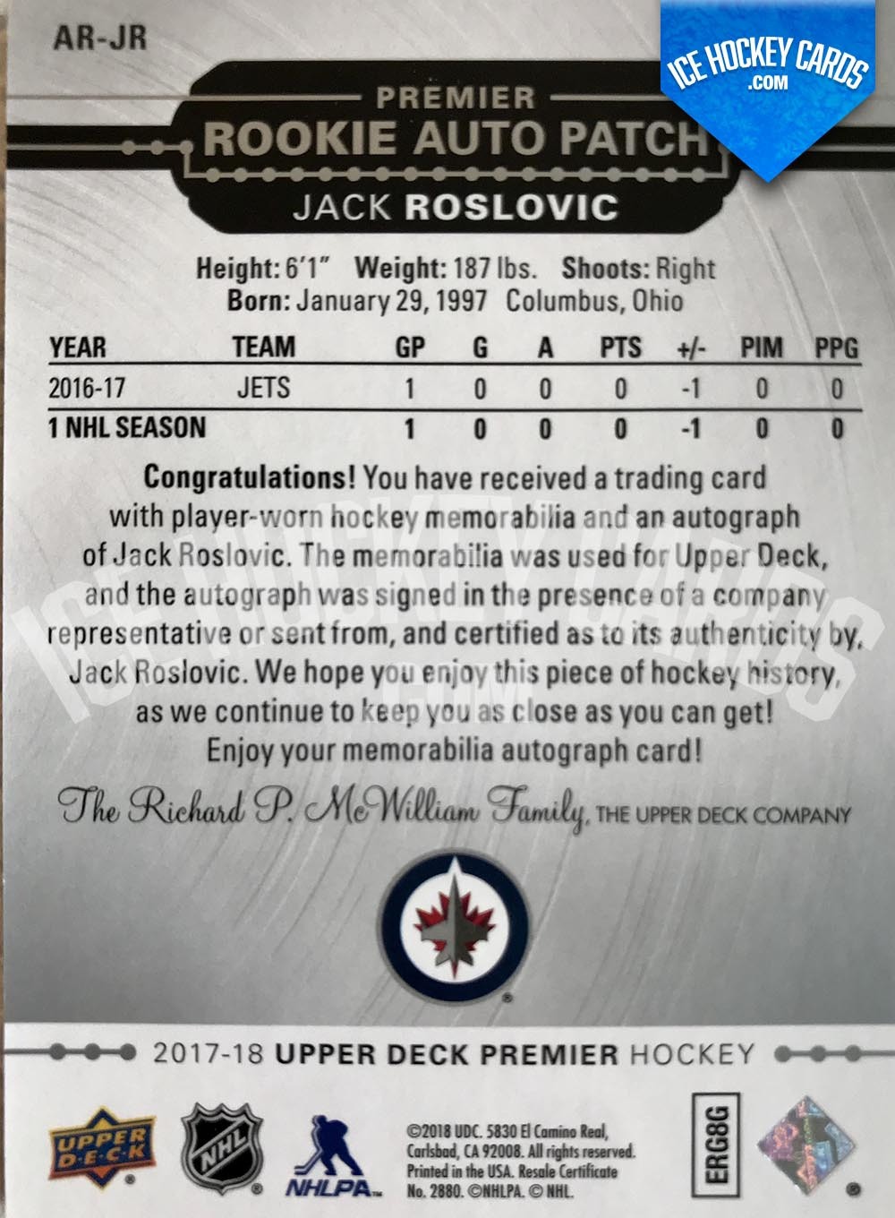 Upper Deck - Premier Hockey 2017-18 - Jack Roslovic Premier Rookie Auto Patch - 'JETS' back