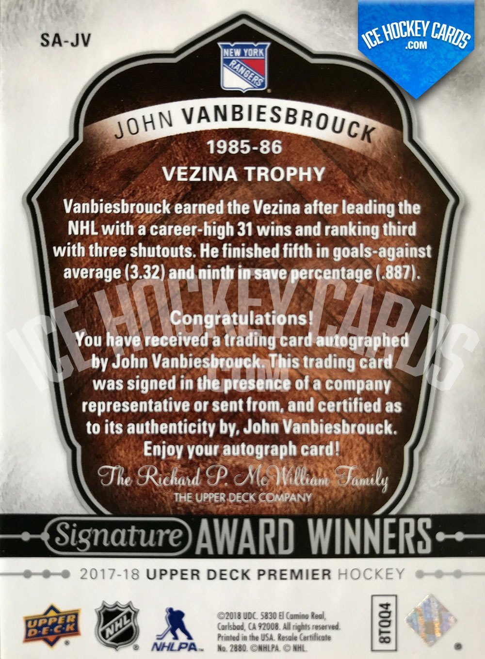 Upper Deck - Premier Hockey 2017-18 - John Vanbiesbrouck Signature Award Winners - Vezina Trophy 1985-86 New York Rangers back