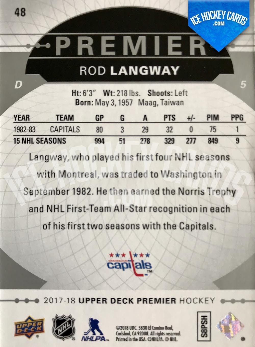 Upper Deck - Premier Hockey 2017-18 - Rod Langway Premier Legend Base Card back