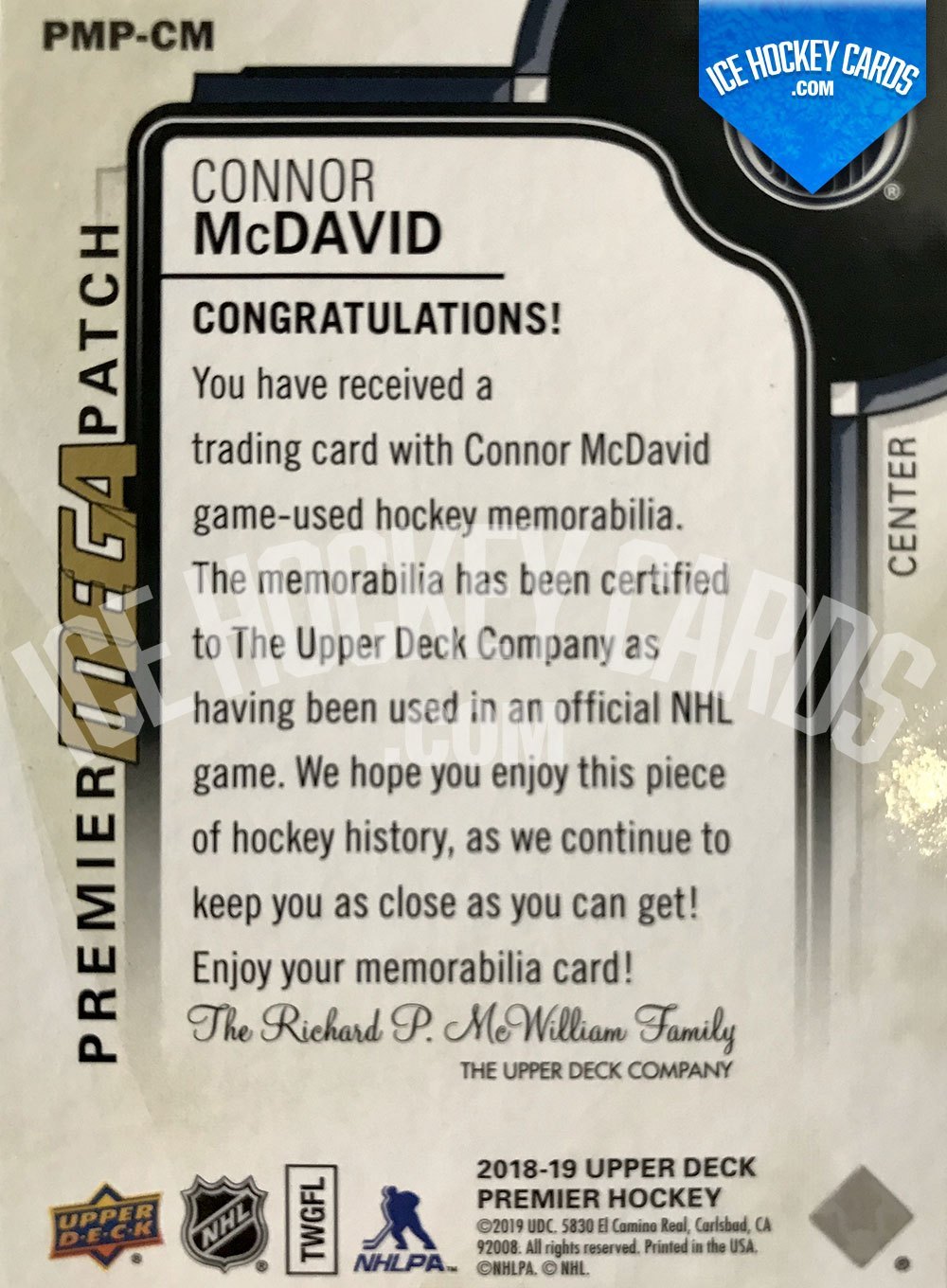 Upper Deck - Premier Hockey 2018-19 - Connor McDavid Authentic Game-Used Premier Mega Patch Card up to 22 prints back RARE