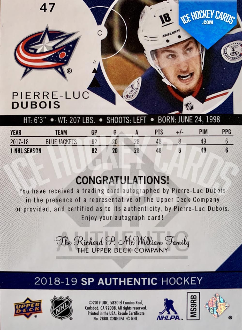 Upper Deck - SP Authentic 2018-19 - Pierre-Luc Dubois Limited Autographed  Card back