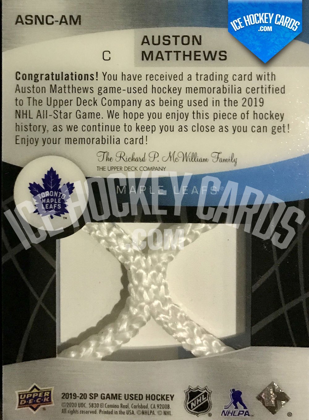Upper Deck - SP Game Used 2019-20 - Auston Matthews 2019 All Star Game Materials - Net Cord - # to 35 back RARE