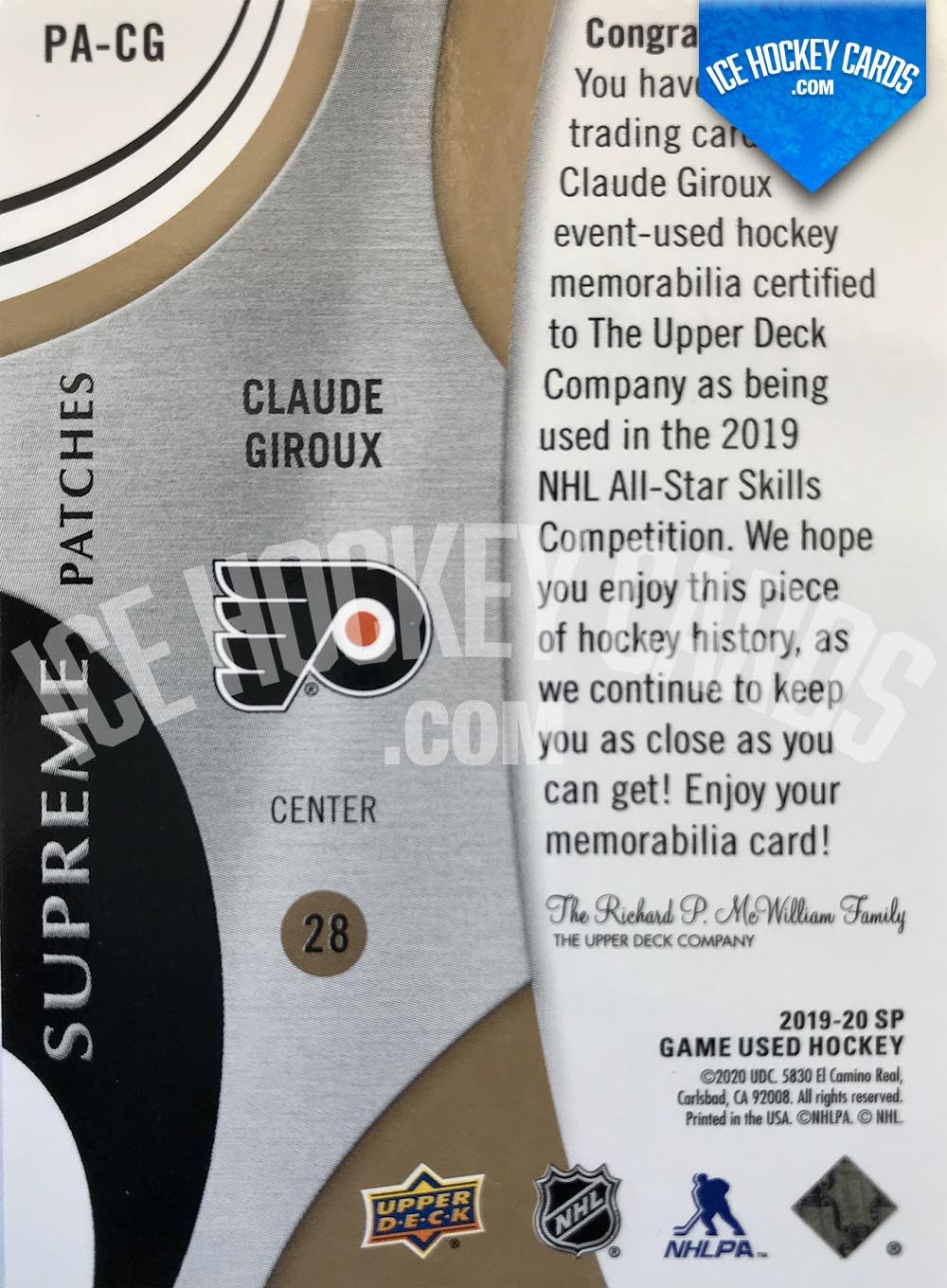 Upper Deck - SP Game Used 2019-20 - Claude Giroux Supreme Patches 6 colours # to 15 SUPER RARE back
