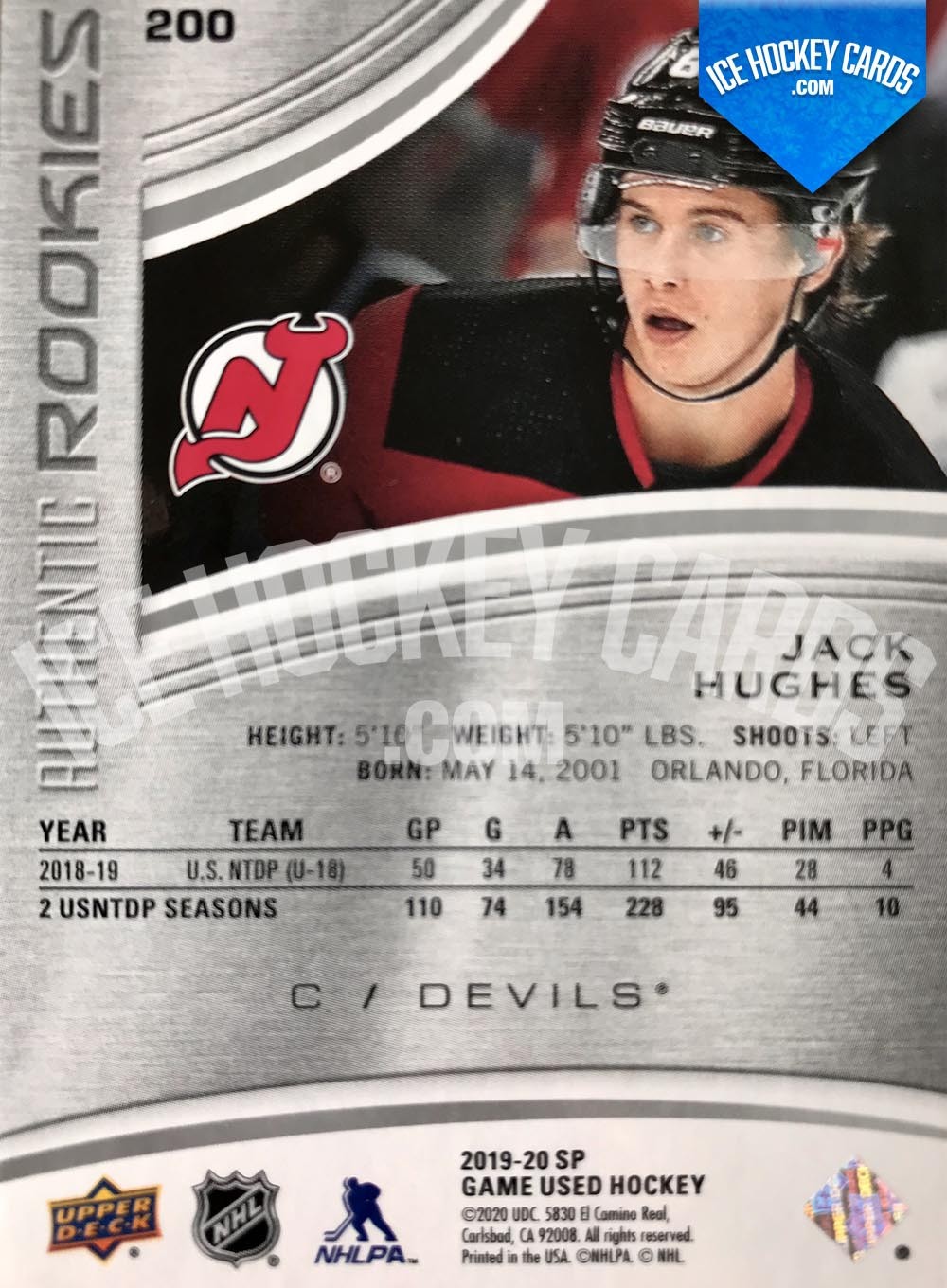 Upper Deck - SP Game Used 2019-20 - Jack Hughes Authentic Rookies RC Base back
