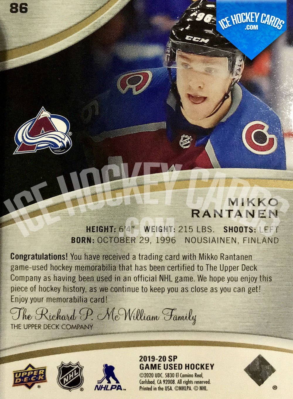 Upper Deck - SP Game Used 2019-20 - Mikko Rantanen Premium Patch Card # to 25 back