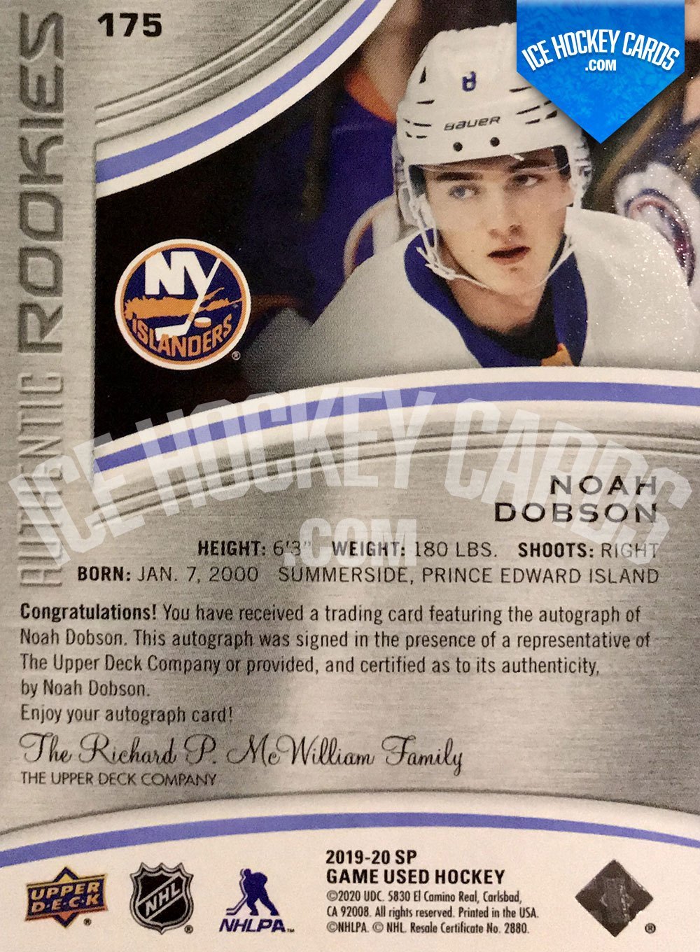 Upper Deck - SP Game Used 2019-20 - Noah Dobson Authentic Rookies Auto RC back