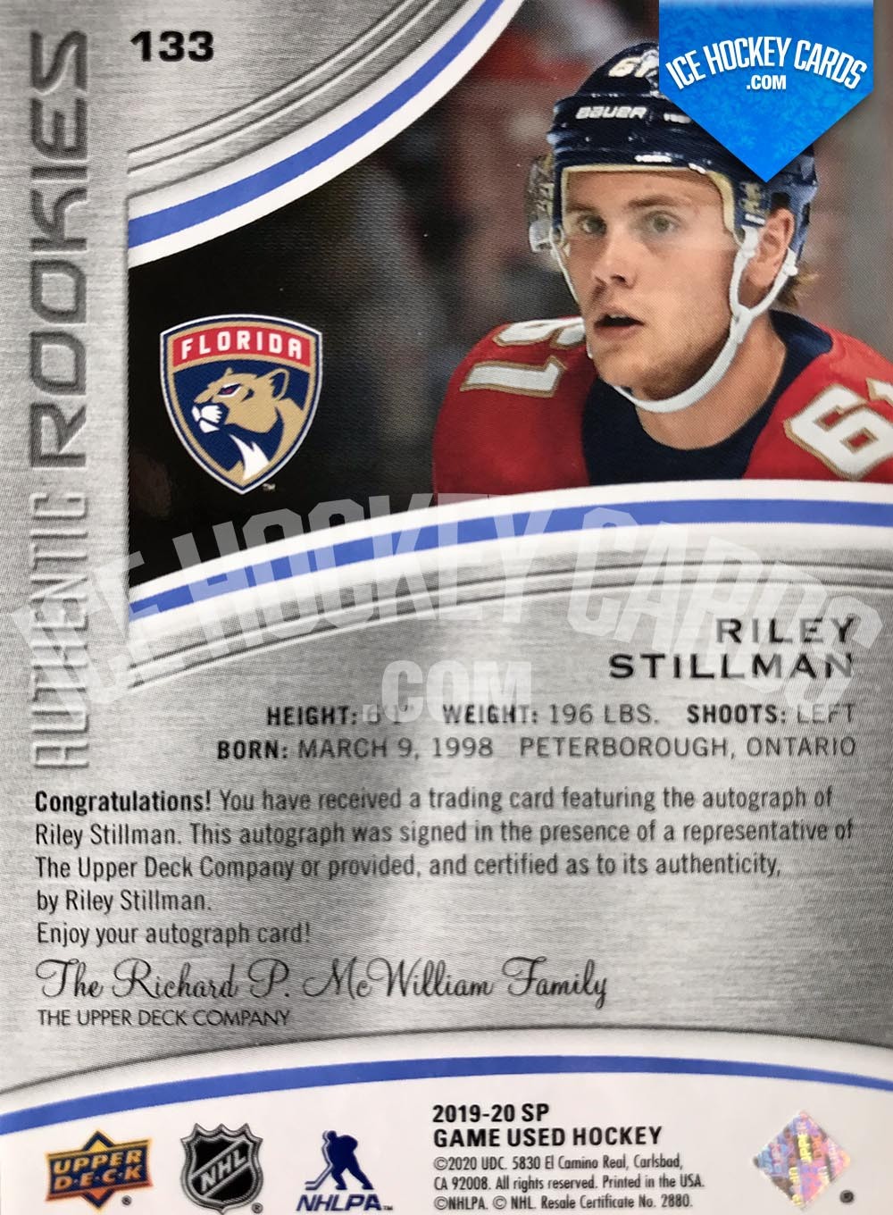 Upper Deck - SP Game Used 2019-20 - Riley Stillman Authentic Rookies Autograph RC back