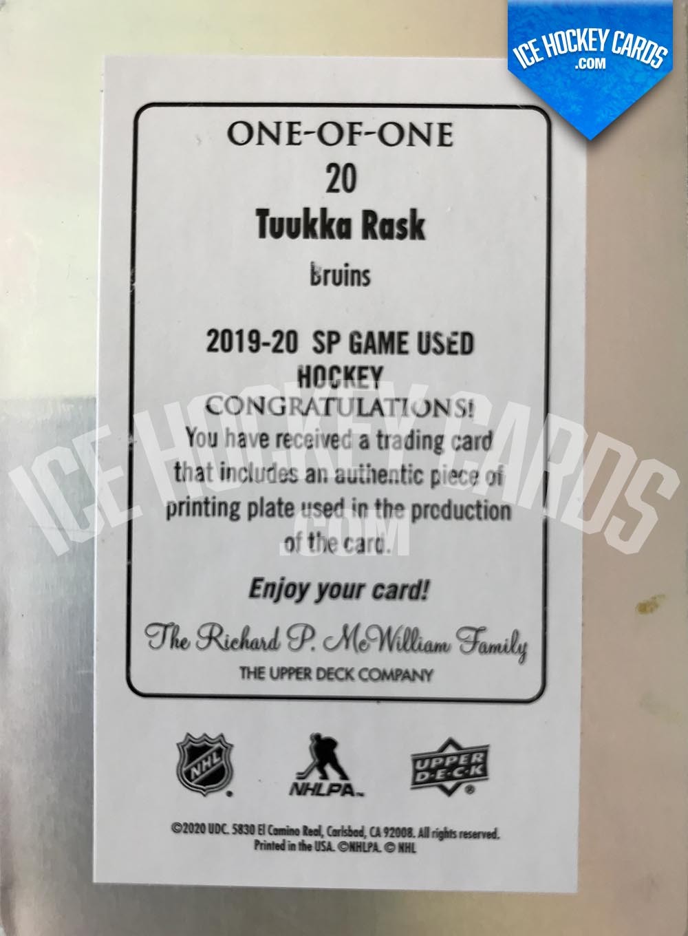 Upper Deck - SP Game Used 2019-20 - Tuukka Rask Authentic One-of-One Printing Plate UNIQUE back