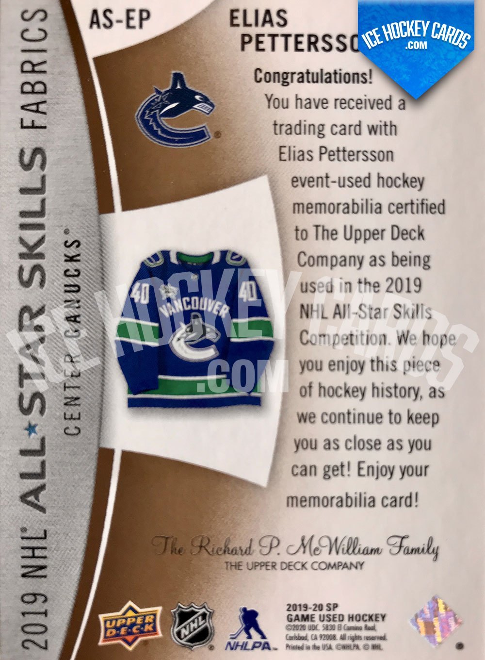 Upper Deck - SP Game Used Hockey 2019-20 - Elias Pettersson 2019 NHL All-Star Skills Fabrics Trading Card 9 to 25 back RARE