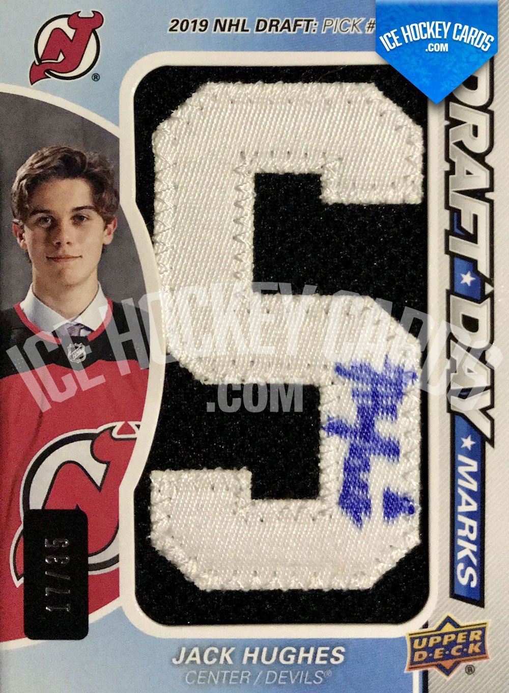 Upper Deck - SP Game Used Hockey 2019-20 - Jack Hughes Auto Patch Draft Day Marks - 2019 NHL Draft Pick #1 Rookie Card RARE