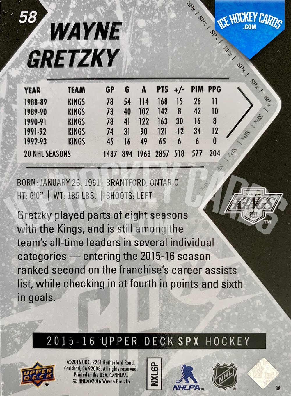 Upper Deck - SPx 2015-16 - Wayne Gretzky Base Card back