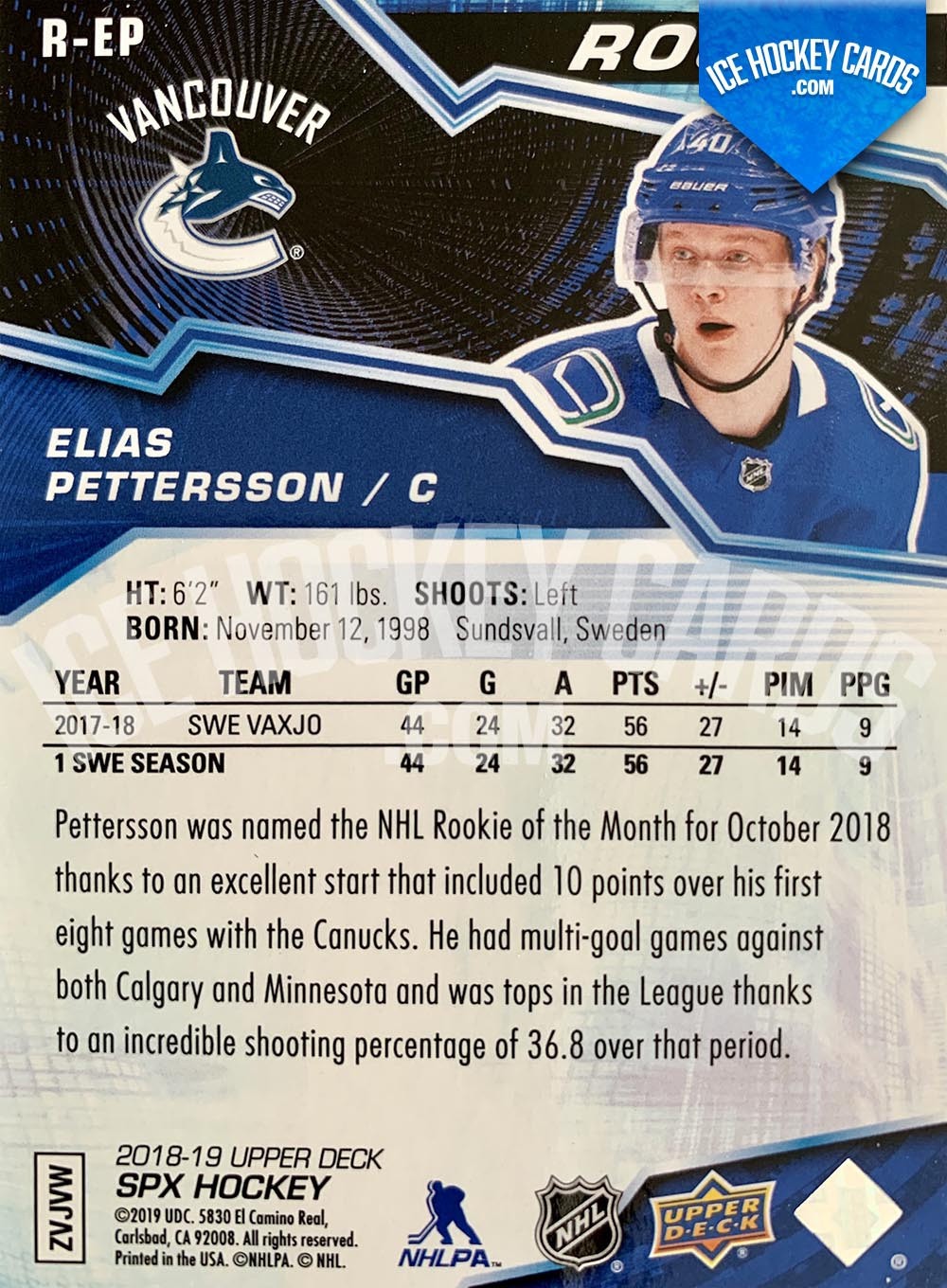 Upper Deck - SPx 2018-19 - Elias Pettersson Base Rookie Card back