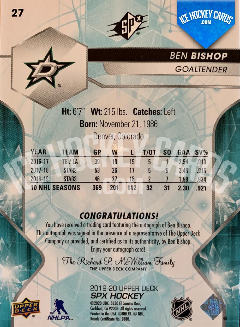Upper Deck - SPx 2019-20 - Ben Bishop Autographed Base Card back