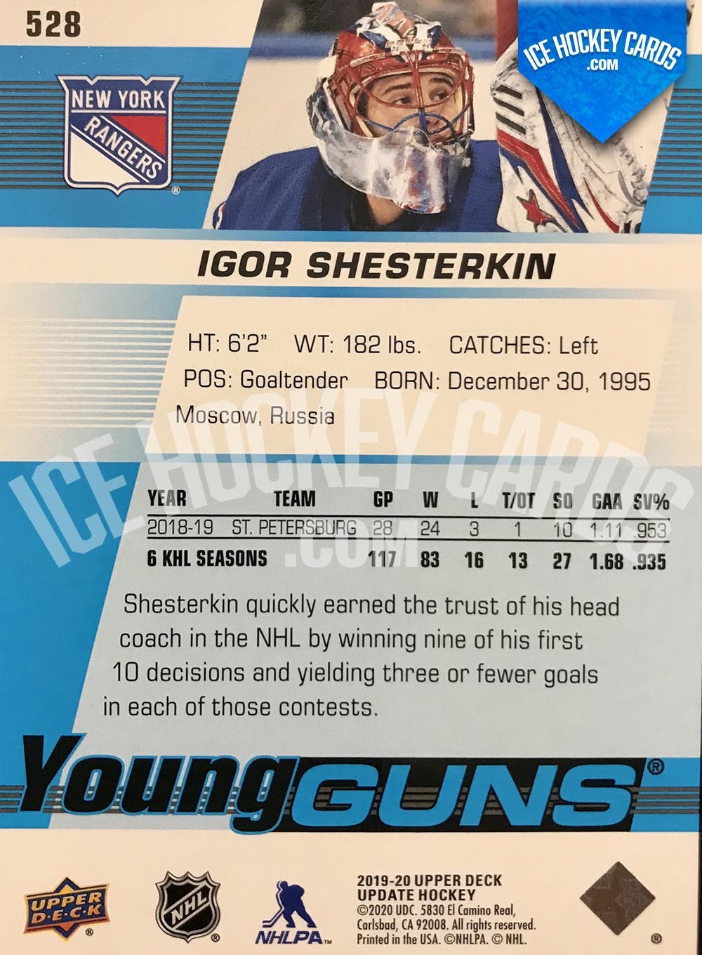 Upper Deck - Series 2019-20 - Igor Shesterkin Young Guns Rookie Card back