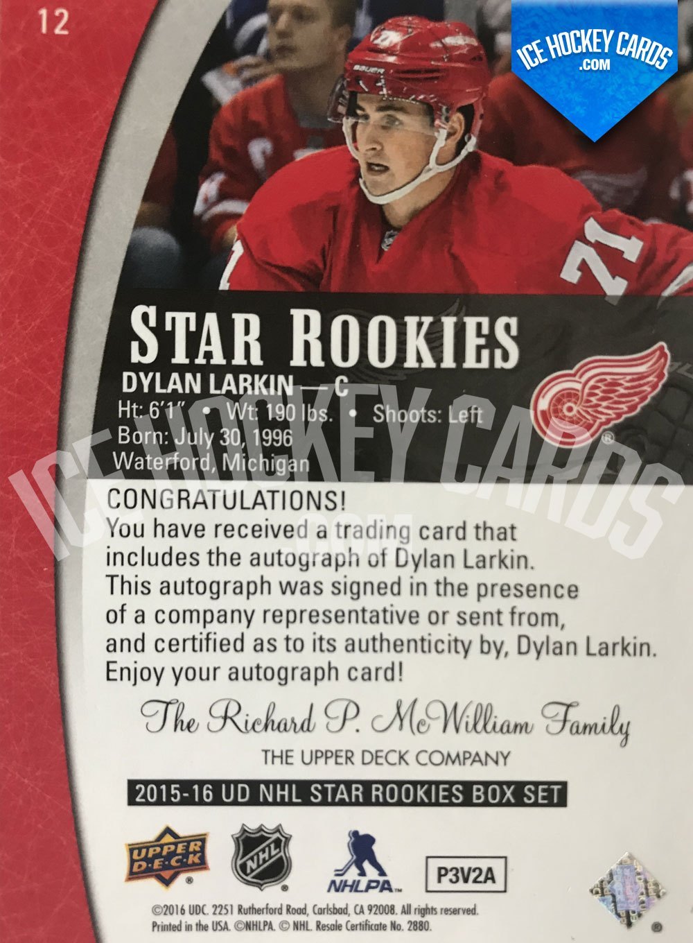 Upper Deck - Star Rookies 15-16 - Dylan Larkin Autograph Rookie Card back