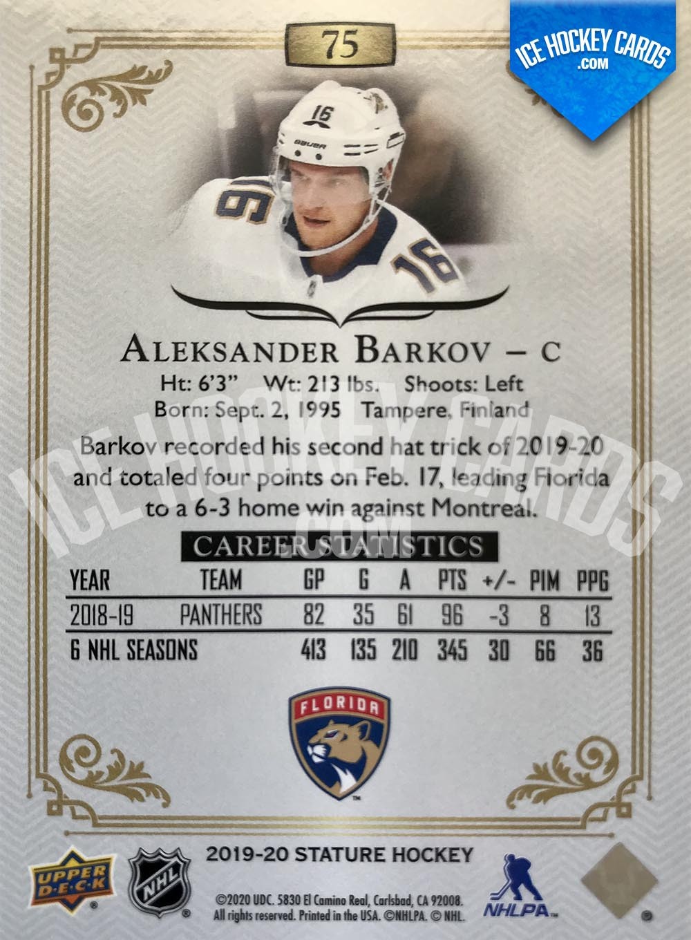 Upper Deck - Stature 2019-20 - Aleksander Barkov Red Base Card # to 75 back