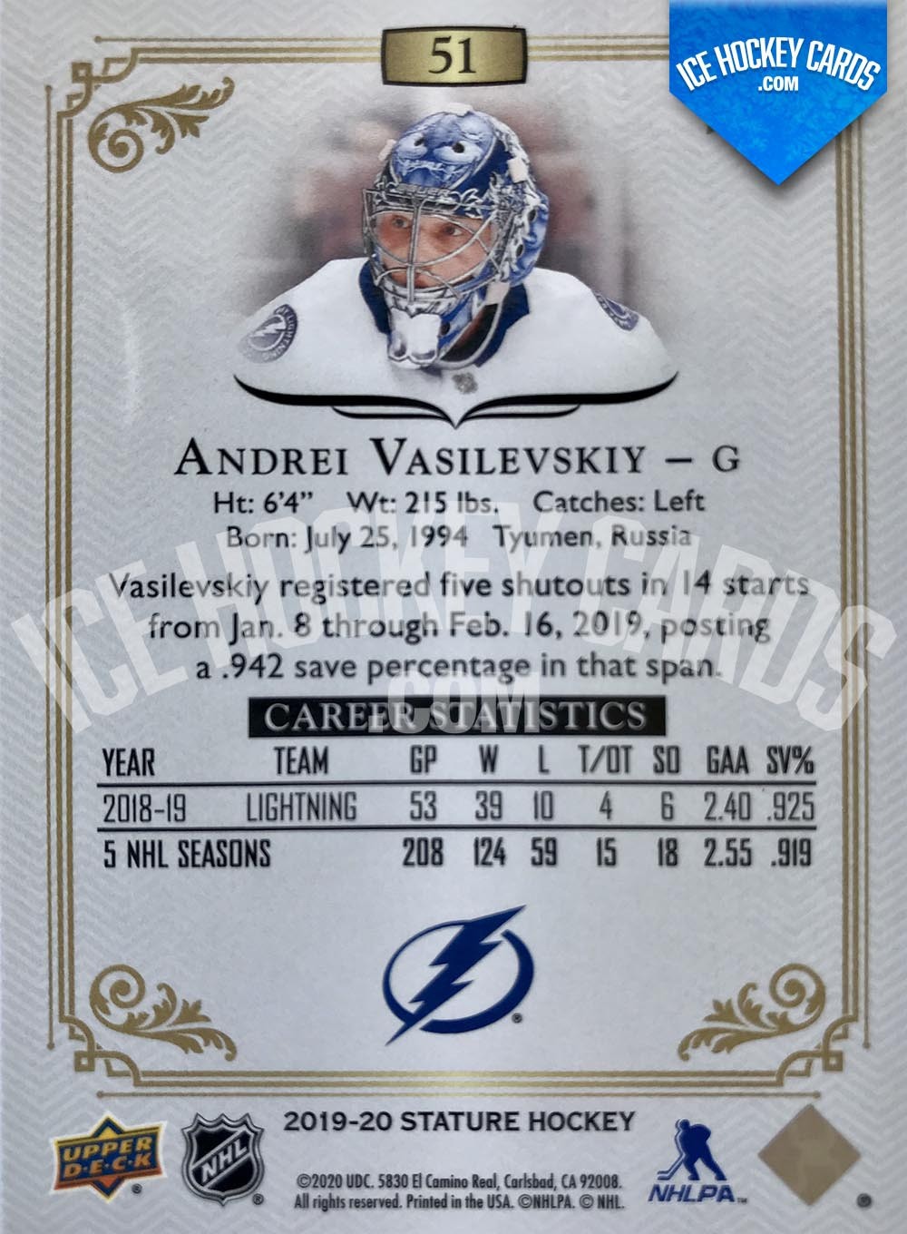 Upper Deck - Stature 2019-20 - Andrei Vasilevskiy Autographed Base Card back