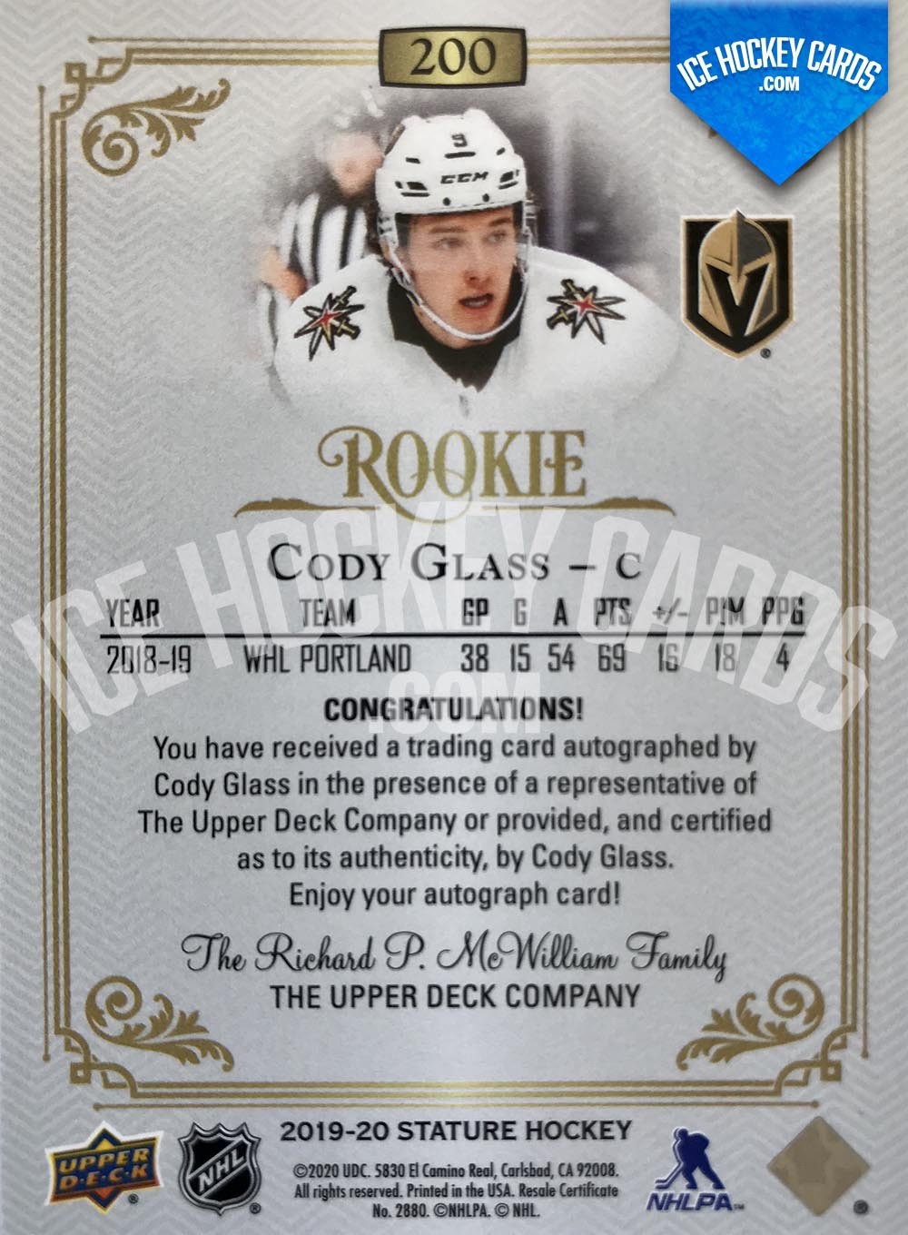 Upper Deck - Stature 2019-20 - Cody Glass Rookie Autograph back