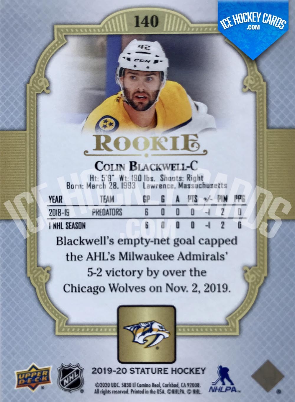 Upper Deck - Stature 2019-20 - Colin Blackwell Red Rookie Card # to 20 RARE back