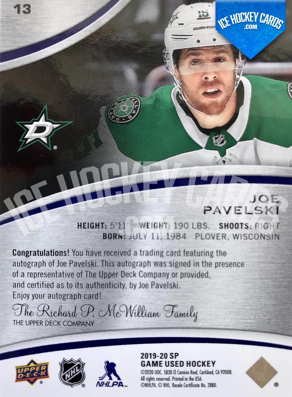 Upper Deck - Stature 2019-20 - Joe Pavelski Autograph Card back