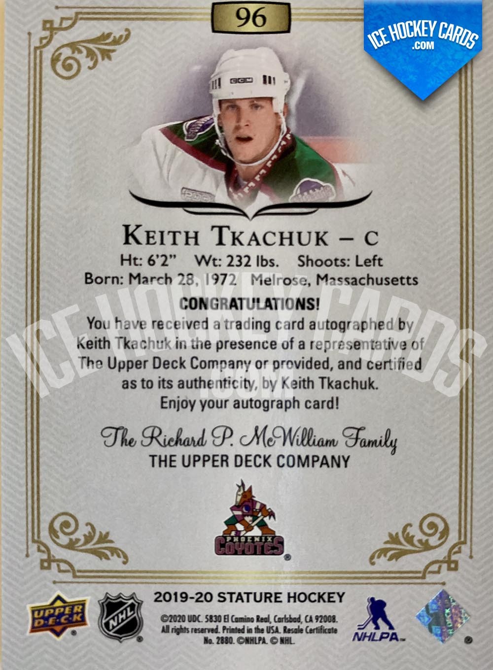 Upper Deck - Stature 2019-20 - Keith Tkachuk Autograph Card Green # to 65 back