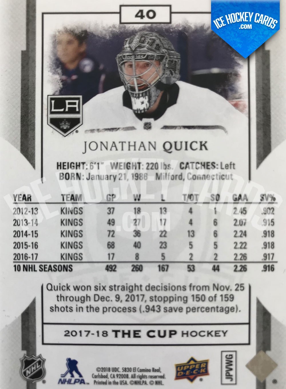 Upper Deck - The Cup 17-18 - Jonathan Quick Gold Base Card 2 of 10 RARE back