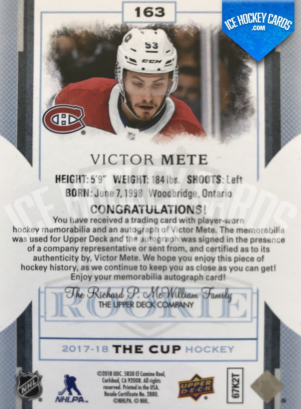 Upper Deck - The Cup 17-18 - Victor Mete Rookie Auto Patch RC back