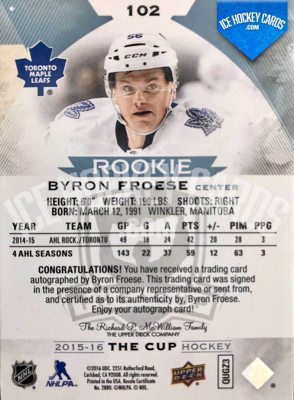 Upper Deck - The Cup 2015-16 - Byron Froese Rookie Auto RC back