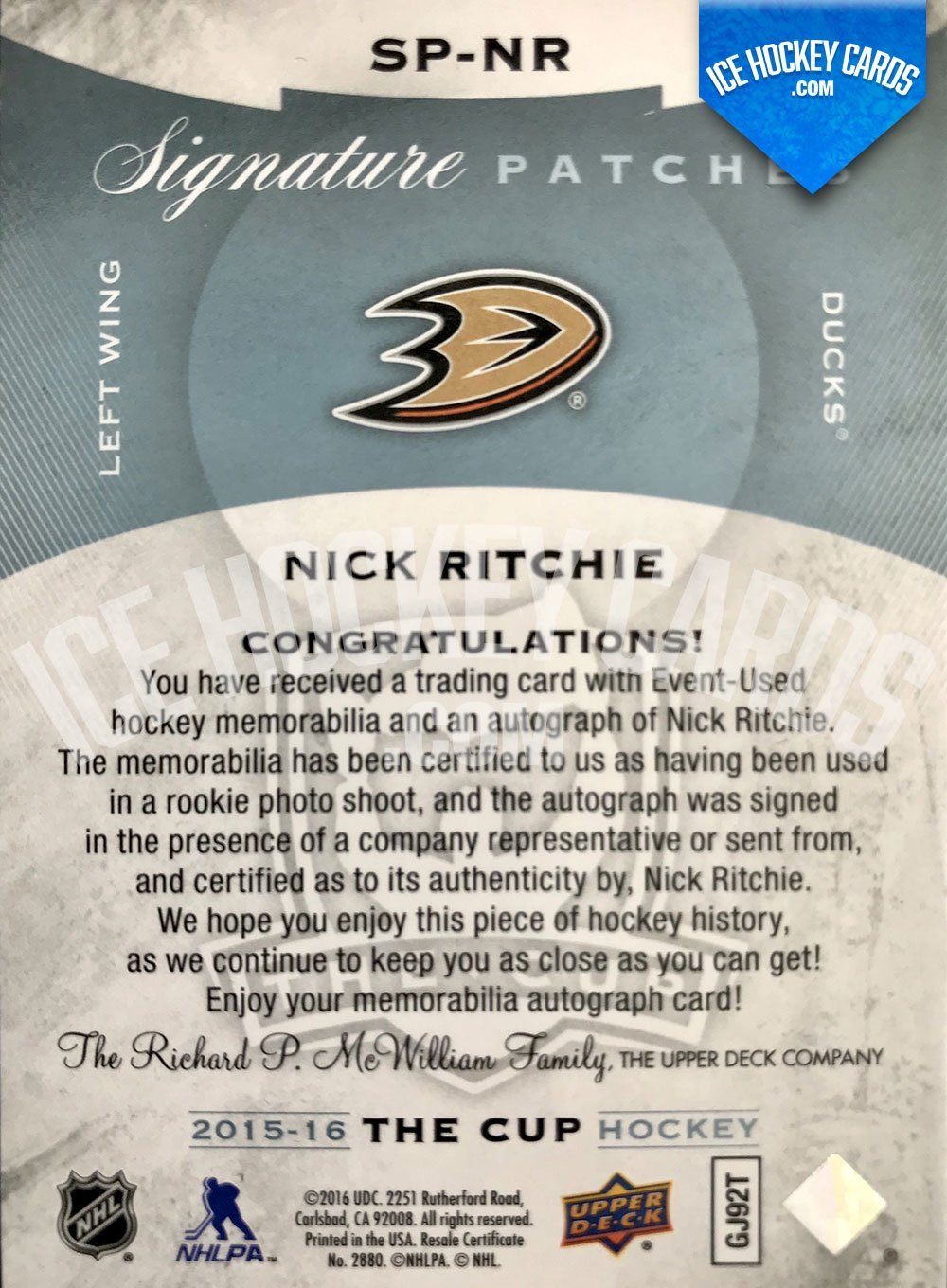 Upper Deck - The Cup 2015-16 - Nick Ritchie Signature Patches Auto back