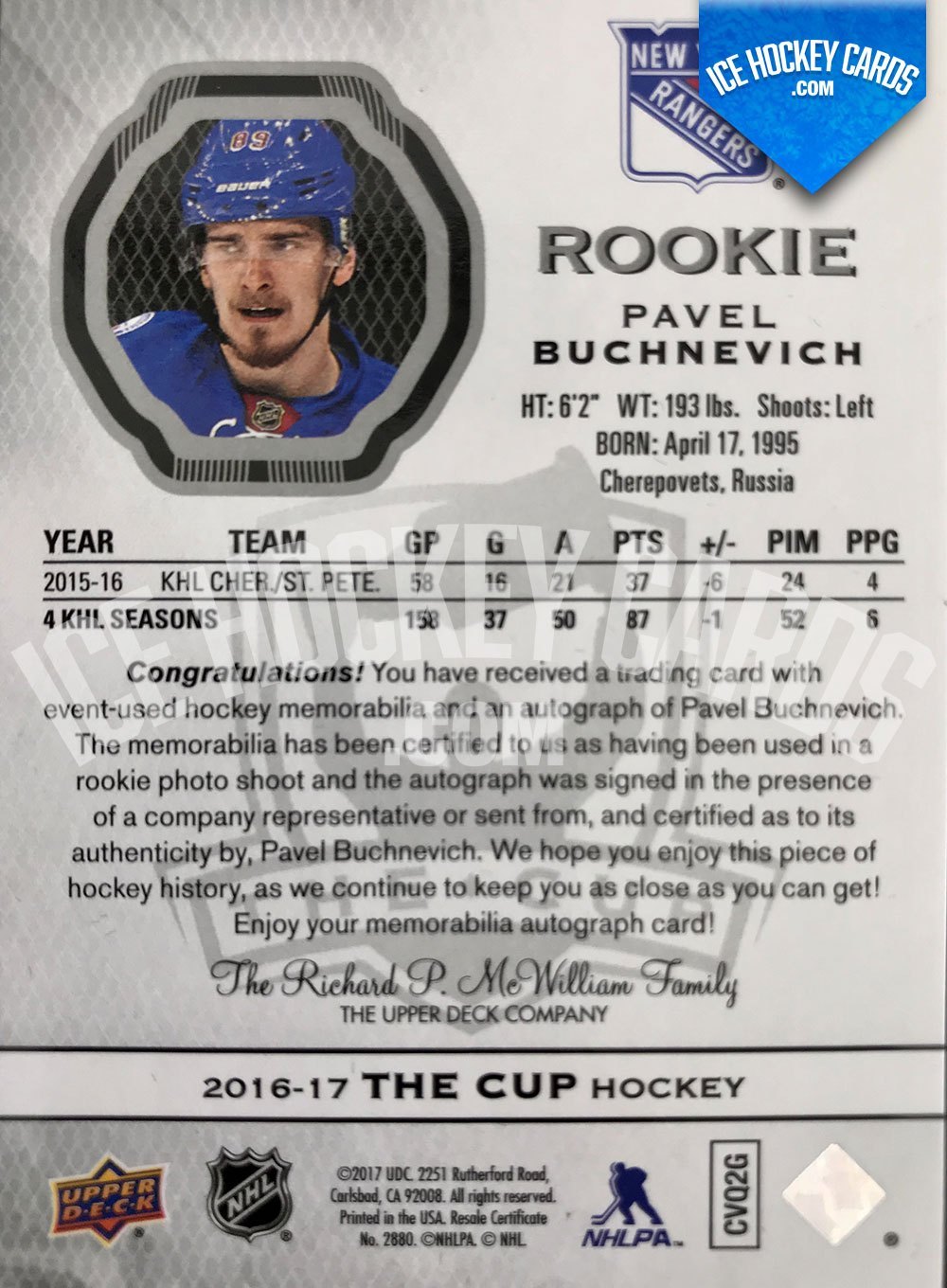 Upper Deck - The Cup 2016-17 - Pavel Buchnevich Rookie Auto Patch RC back