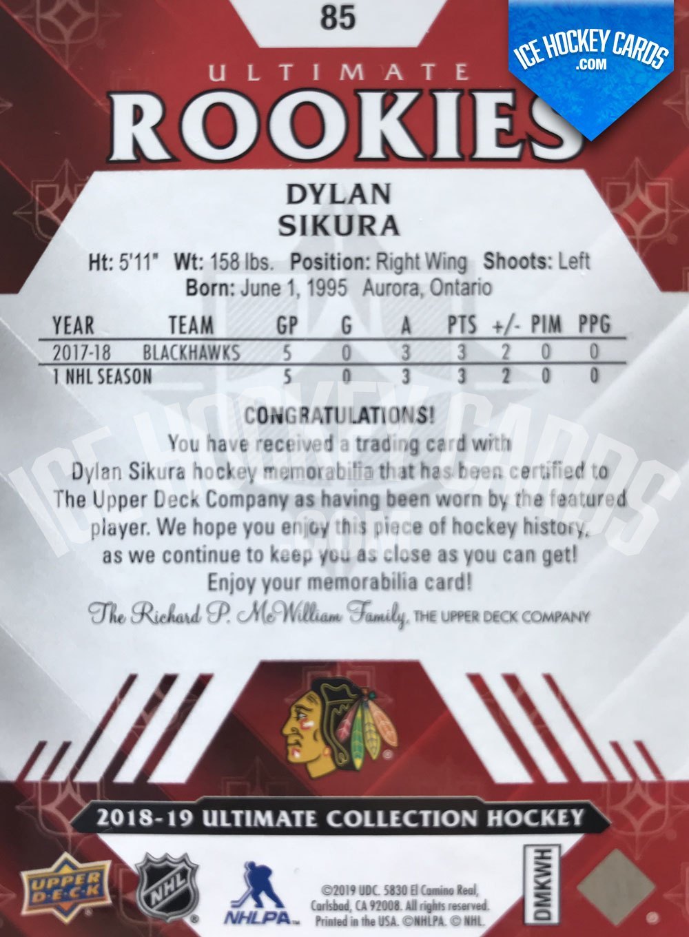 Upper Deck - Ultimate Collection 18-19 - Dylan Sikura Ultimate Rookies Patch Card back
