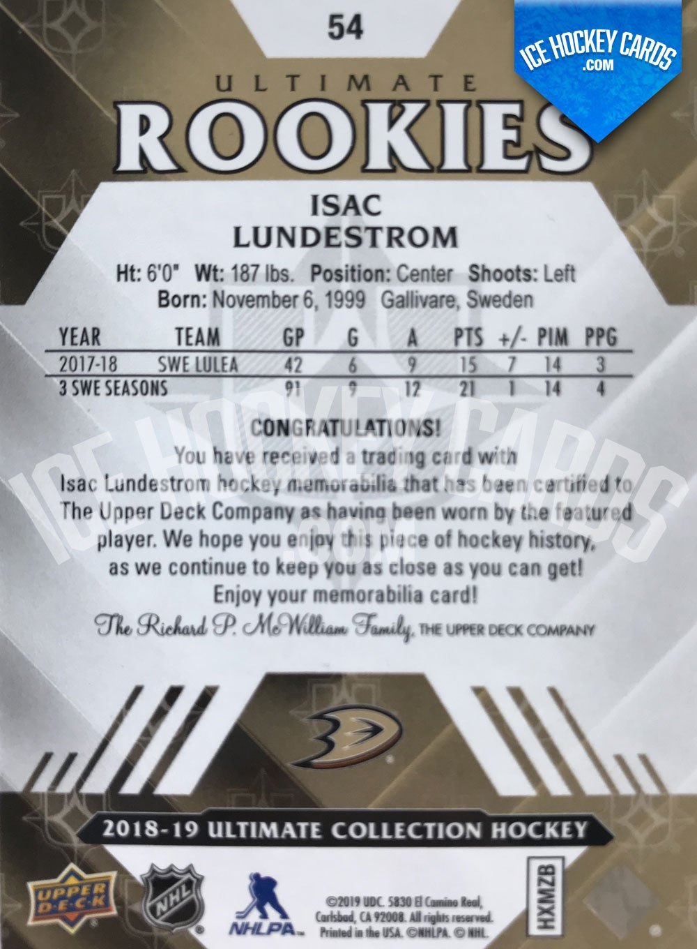 Upper Deck - Ultimate Collection 18-19 - Isac Lundestrom Ultimate Rookies Patch Card back
