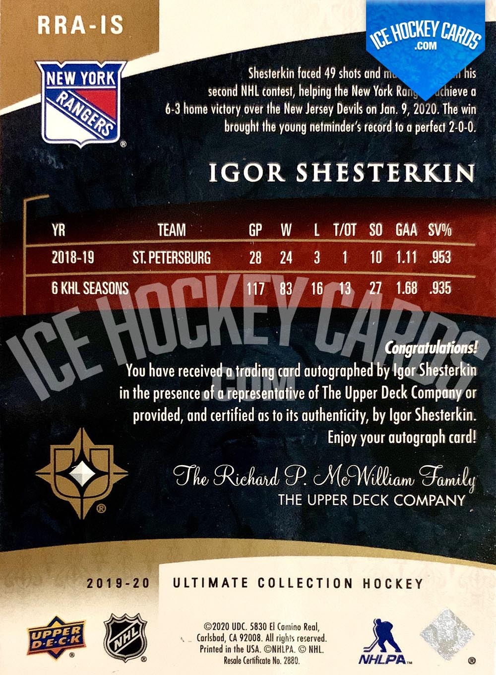 Upper Deck - Ultimate Collection 2019-20 - Igor Shesterkin Ultimate Rookies Auto RC back